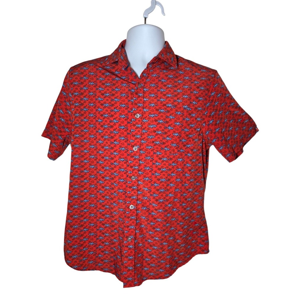 Visitor Premium Resortwear Beach Button-Down Red Blue Men's Top‎ Shark Shell S